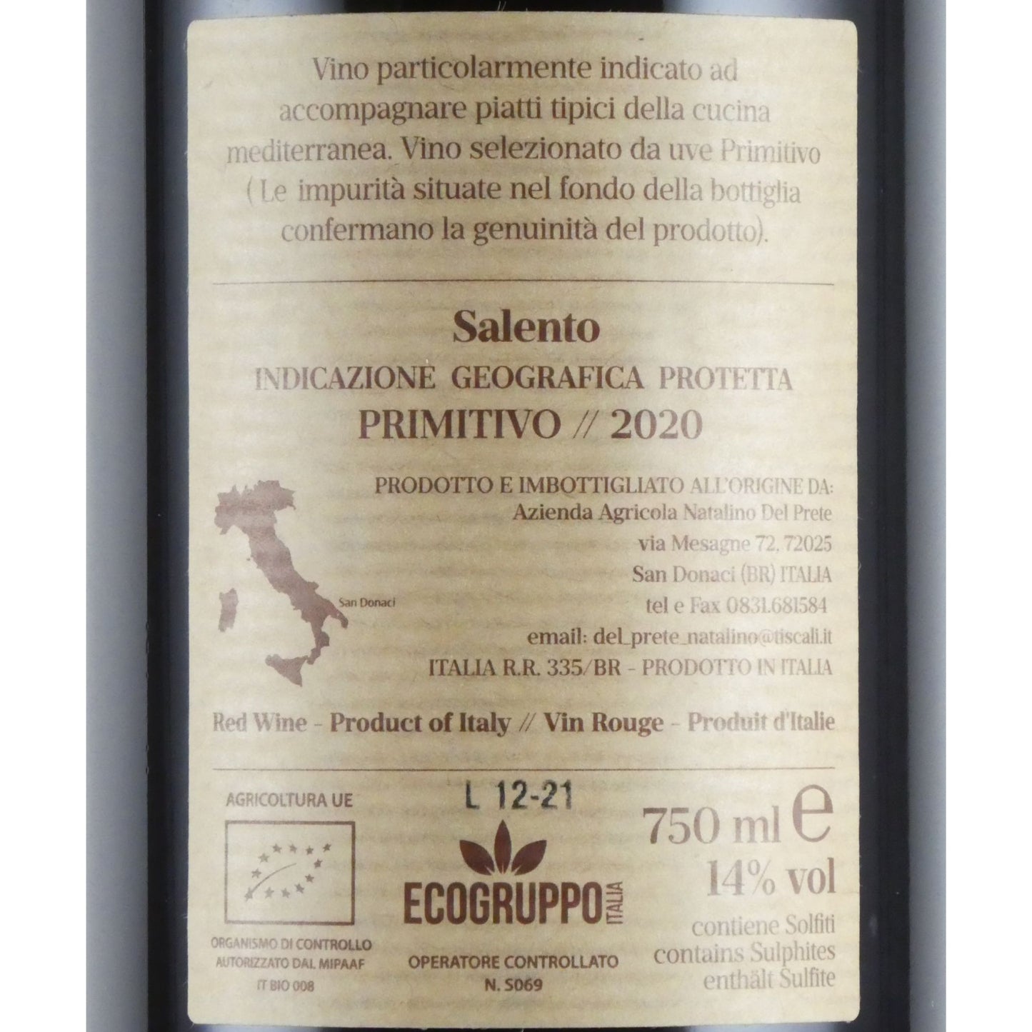 ナタリーノ デル プレーテ ナタリ プリミティーヴォ 2020 イタリア プーリア 赤ワイン 750ml
